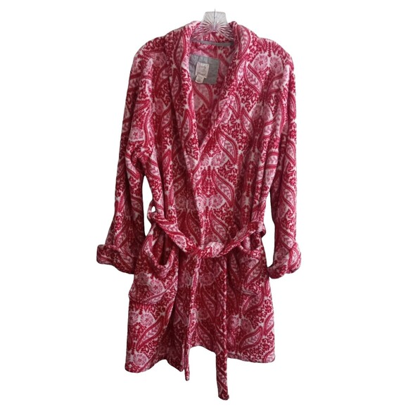 Lucky Brand Bathrobe Women Medium Red White  Floral Pockets Tie Soft - Picture 1 of 10